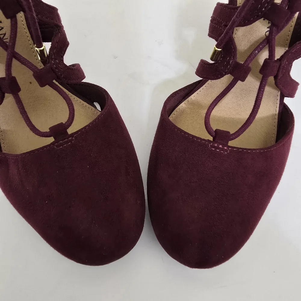 CHRISITIAN SIRIANO size 6.5 Suede Lace Up Strappy Block‎ Heel Shoes Burgundy
